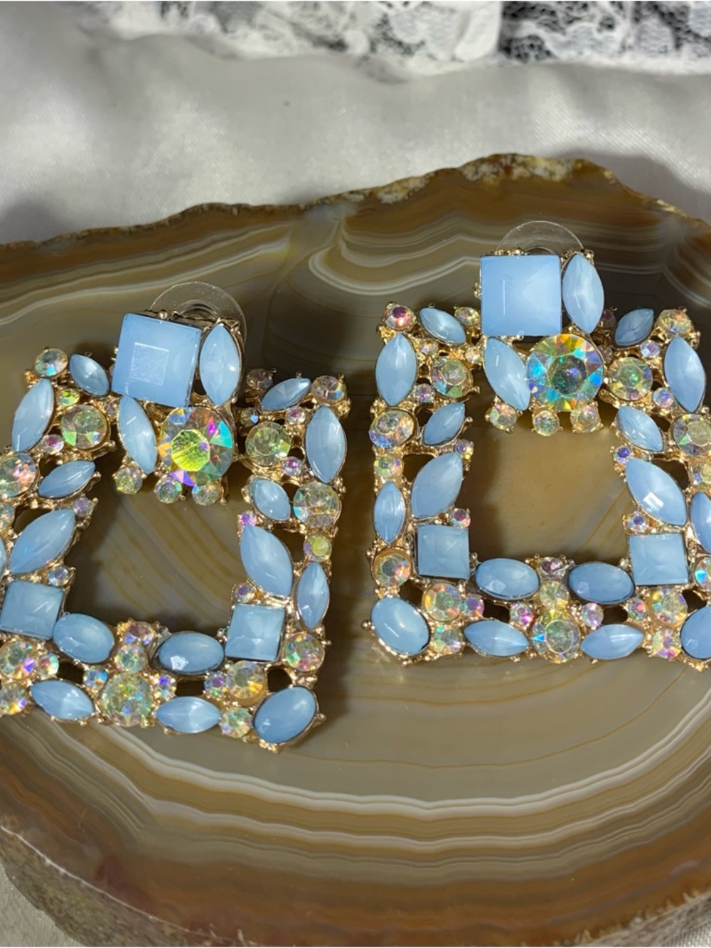 Sky-Blue Crystal Square Drop Earrings with Gold Tone